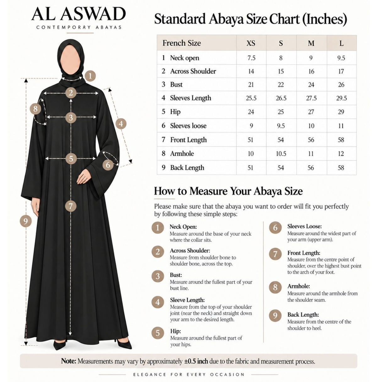 The Maelle Abaya — Size Chart