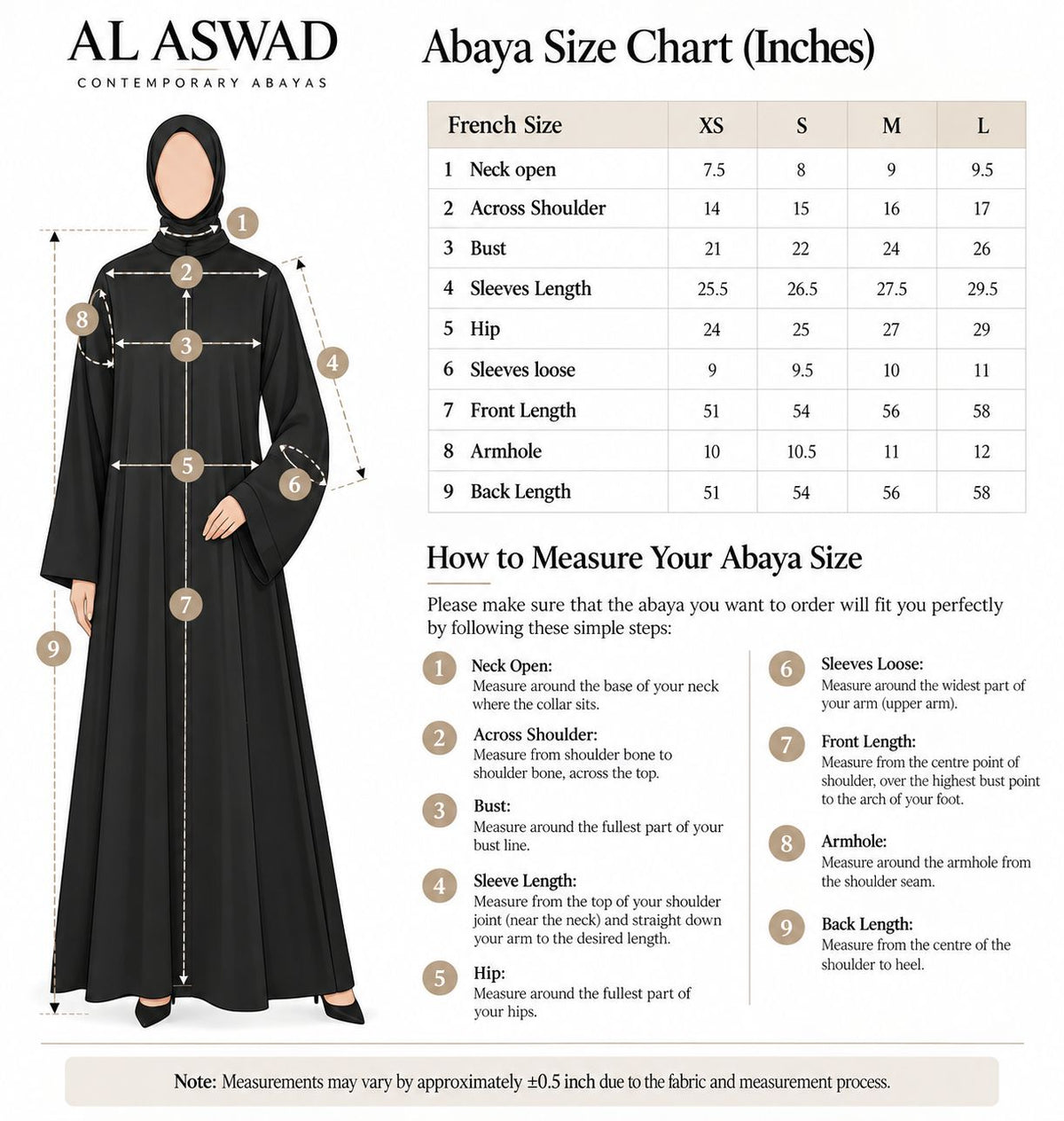 Noir Élan Abaya — Size Chart
